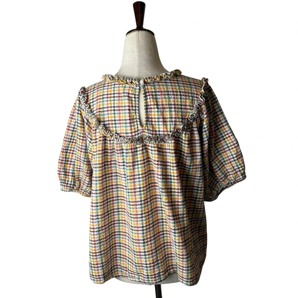 Old Navy Ruffle Dobby Gingham Top Women Medium White Cotton Puff Sleeve Cotton
